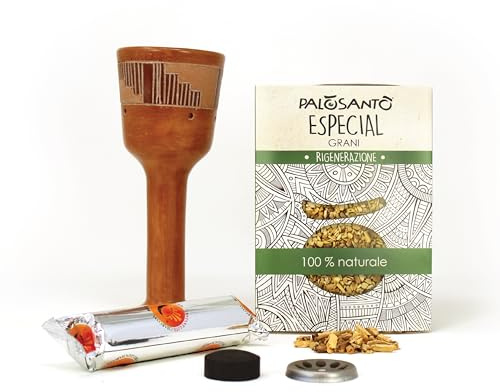 PALOSANTO - Quemador de Incienso Copalera + Granos de Palo Santo 80 gr + Carbones - Kit Palo Santo - Bursera graveolens Madera de Perú - 10 Carbones de 3,3 cm de diámetro
