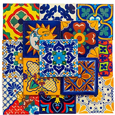 Mexican Talavera Tile Spanish Mediterranean Art Colorful 4x4 Ceramic Hand Painted Mosaic for Bathroom, Wall, Mirror, Kitchen Rustic Decor Pottery (20, Multi1)