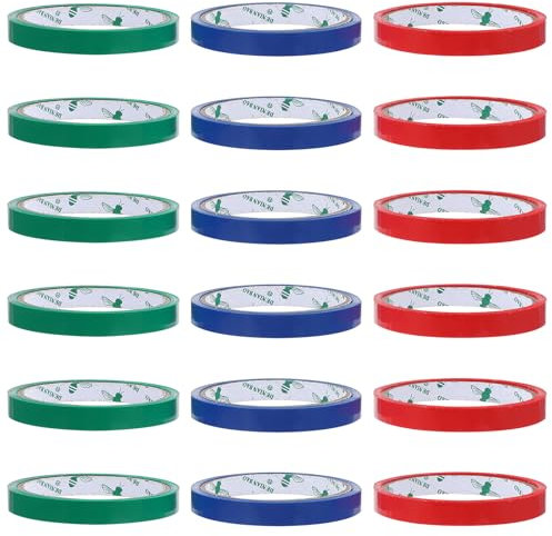 Veemoon 18 Rolls 12mm Food Colored Tapes DIY Bag Sealing Tapes 3 Colors Moving Tape for Home Supermarket Classroom Meat Labeling Red Blue Green