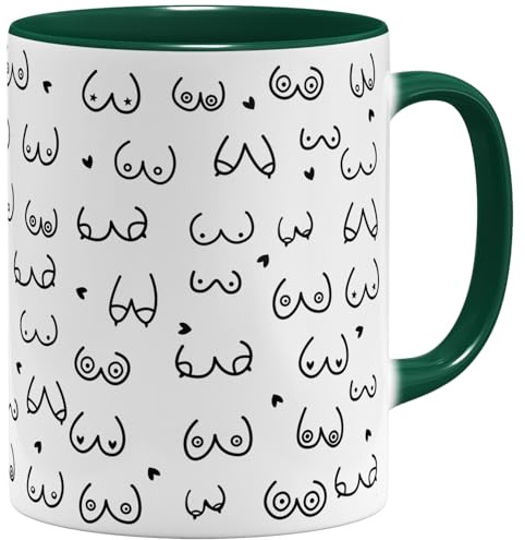 OM3® witzige Doodle Kaffeetasse mit Brüsten - Titten Tasse Brüste-Muster - Keramik Becher - 11oz 325ml - Rundumdruck - Grün