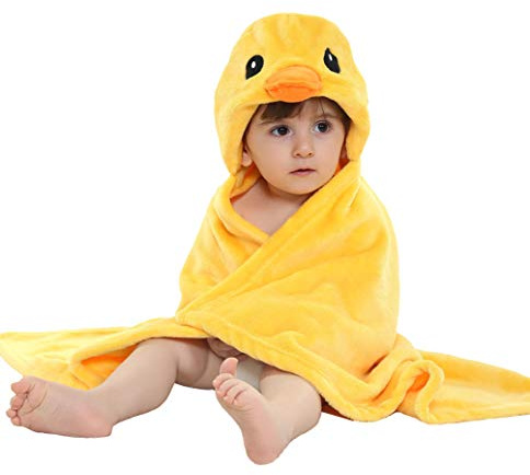 Doladola Baby Decke Babys Tier Design，Flanell Kinder Decke Kapuzenhandtuch für Mädchen und Jungen，Baby Kapuze ​Badeponcho Kinder Warm（gelbe Ente）