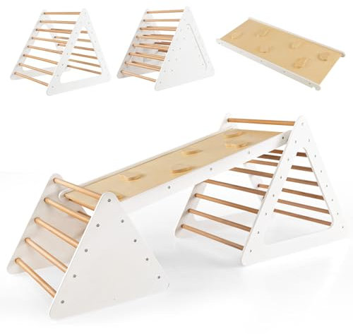 COSTWAY 3 in 1 Set da Arrampicata per Bambini, con 2 Scale Triangolari e 1 Rampa, Struttura in Legno, Scala Giochi Arrampicata per Bambini 3 Anni + (Beige)