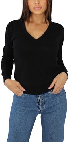 Pull Femme Col en V en Cachemire, Fabriqué en Italie (FR/ES, Alpha/Lettres, S, Taille Normale, Taille Normale, Noir)