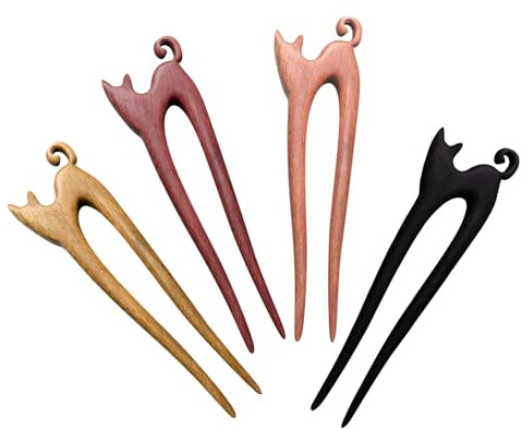 4 Stück hölzerne Katzen-Haarnadel, französische Twist-Haarnadel, U-förmige Haarnadel, Hanfu Cosplay-Haarnadel, schnelle Fixierung, niedliche Katzenhaarnadeln für Dutt für Frauen, Mädchen, Braut, Damen
