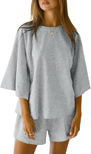 Tankaneo Womens Pajama Sets 3/4 Sleeve Oversized Tops and Elastic Waist Shorts Lounge Sets Loungewear Grey