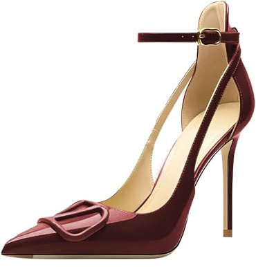 Qunvngutui Women's Pointed-Toe Bag-Toe Strappy V Buckle High-Heeled Shoes Sexy Stiletto Pumps Wine Red Patent Leather US8.5