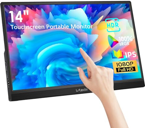 Lrtzcbi Tragbarer Monitor Touchscreen 14 Zoll, HDR 1080P IPS Bildschirm 100% sRGB Touch Display mit USB C HDMI, Eingebaute Lautsprecher für Laptop PC Phone Mac Xbox Switch PS4/5