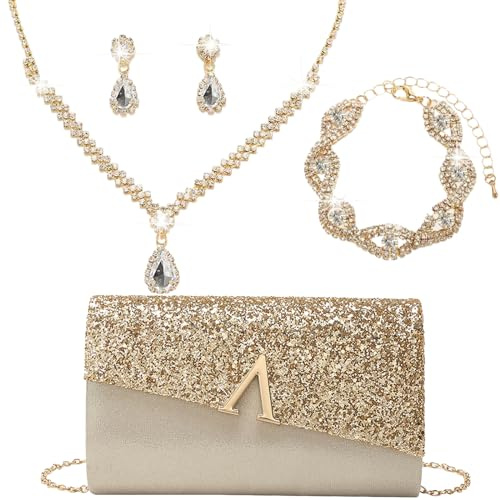 OUAYEMEL Glitzer Abend-Clutch für Damen, Glitzernde Handtasche für Hochzeiten und Bälle, 4-teiliges Strass-Schmuckset.