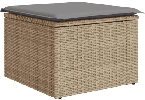 Makastle Gartenhocker, Poly Rattan Fußhocker mit Kissen, Fußauflage, Balkon Sitzhocker, Rattanhocker für Garten Terrasse, Beige 55x55x37 cm