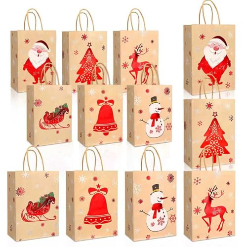 12 Stück Geschenktüten Weihnachten, Papiertüten Weihnacht, Weihnachtstüten Papier mit Griffen, Nikolaus Weihnachtstüte, Geschenktüte Weihnachten zum Verpacken von Geschenken