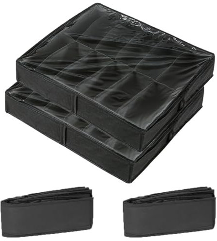 GJIE Under Bed Shoe Storage Organiser, Folding Under Bed Shoe Box with Transparent Lid Fits 12 Pairs Total - Underbed Storage Solution (2 Pcs Black)