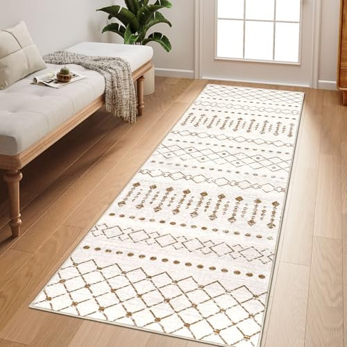 Homcomodar Boho Teppich Läufer Flur 65x180cm Beige Teppich Läufer Küchenteppich Läufer rutschfest Waschbar Läufer für Wohnzimmer Eingang Schlafzimmer