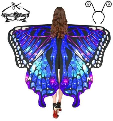 Sunlisky Schmetterling Kostüm Damen Schmetterlingsflügel Erwachsene Damen Umhang Verkleidung SchmetterlingsKostüm Zubehör 3 Set mit Gesichtsmaske Fühler Schmetterling Haarreif