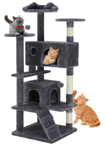 DUMOS Katzen Kratzbaum Groß, 135 CM Katzenbaum Kletterturm, Katzenkratzbaum, Cat Tree mit Höhle, Komplett mit Sisal Umwickelt, Scratching Post, Aktivitätskratzbäume für Katzen Jeden Alters(Dunkelgrau)
