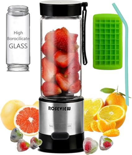 Mixeur à smoothie portable ROSEVIEW Bouteille en verre rechargeable par USB Mini presse-agrumes 2 mélanges sans fil Machine à smoothies personnels Mélangeur de fruits