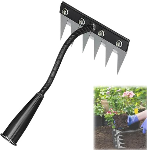 Rastrillo de acero al carbono para jardín, rastrillo de hierro para jardinería y deshierbe, dientes de acero al carbono, rastrillos de deshierbe de jardín, para jardines, césped trasero (6 dientes)