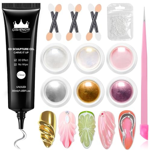 BISHENGYF 30 g de gel à ongles 3D sans essuyage et poudres à ongles chromées dorées : jaune/argent magique, 6 poudres à ongles effet miroir rose nacré chromé, gel 3D en relief 5D pour décoration
