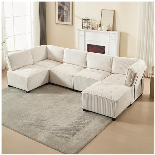 Wyibwy Divano angolare grande,308x154x82cm,sofa 6 posti,con tasche portaoggetti,combinabile in modo flessibile in divano a U,a L,divani a letto, divano componibile,modulare,velluto a coste,Beige