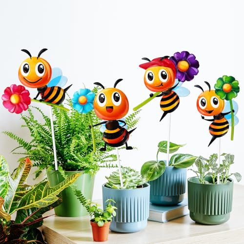 4 PCS Metal Bee Garden Stakes Decorative, Giyiprpi Colorful 12.2 Inches Outdoor Bee Garden Decor stakes, Vivid Bee Yard Art Ornaments for Lawn Porch Pathway Patio Plant Pot Flower Bed