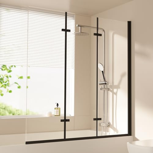 EMKE Mampara de ducha para bañera de 120 x 140 cm, color negro, 3 piezas, plegable, mampara de ducha para bañera, pared plegable de 6 mm, cristal de seguridad