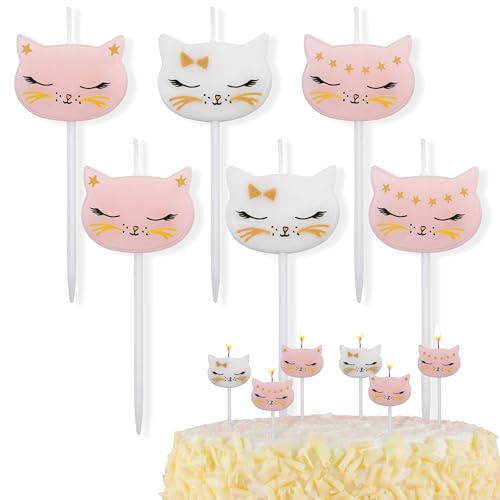 Decoraparty 6 Candeline a Forma di Gattino, Candele Tema Gatto di Cera per Torta di Compleanno Femmina Bambina, Decorazione Festa, Party, Rosa e Bianco - Altezza h 2 cm