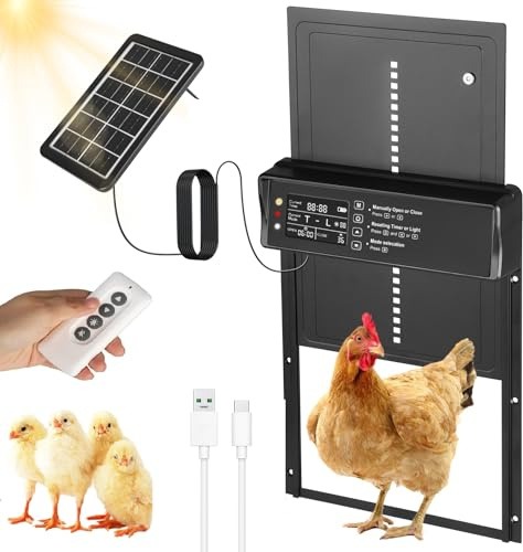 Automatische Hühnerstalltür Solar, Hühnerklappe Automatisch Batterie aus Aluminium mit LED-Anzeige, Fernbedienung, Timer, IP45 Wasserdicht, Automatische Hühnerklappe für den Bauernhof
