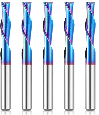 HQMaster CNC Router Bits Set 1/4” Shank Tungsten Carbide Router Bit End Mill for Woodworking Detail Carving Trimming Engraving Sign Making Grooving Slots and Mortises (5 pcs Downcut Bit Set)
