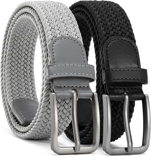 YOORAN Men's 2-Pack Elasticated Braided Belts, 1 3/8 Stretch Woven Golf Belt for Jeans, Chinos & Trousers