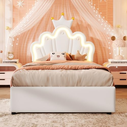 Cama tapizada de piel sintética, cama doble plana con iluminación LED y altura ajustable, cabecero en forma de corona, respaldo suave, diseño moderno para dormitorio