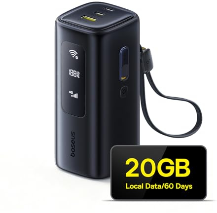 Baseus MIFI mobiler WLAN Router, Laptop Powerbank 20000mAh 67W USB-C Port mit Einziehbares Ladekabe (4G/LTE bis zu 150Mbit/s Download/ 50Mbit/s Upload, Hotspotl) Für Reise, Camper, Büro und mehr
