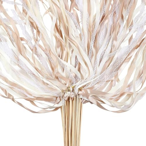 Wedding Wands, 40 Stück Zauberstäbe Hochzeit Luftschlangen,Hochzeit Stäbe mit Glöckchen,Romantic Seidenfeenstab für für Hochzeiten, Geburtstage, Feiertagsfeiern Verwendet- (Champagner)