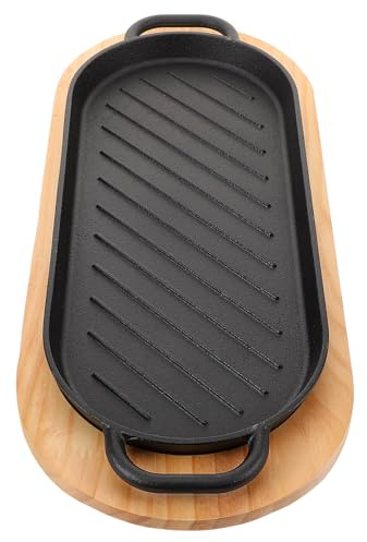 DOITOOL Sartén de Hierro Fundido para Bistec con Doble Asa y Base de Madera Resistente y Fácil de Limpiar para Asar y Servir el Hogar