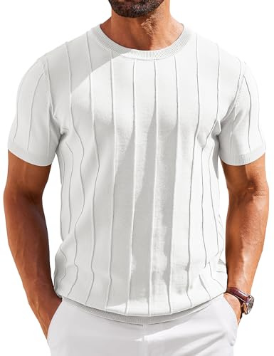 COOFANDY Camisetas Hombre Manga Corta Camiseta de Punto Rayas Jersey Verano Tshirt de Cuello Redondo Camiseta Basica
