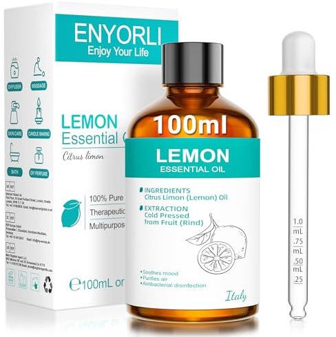 ENYORLI Olio Essenziale Limone 100ml per Diffusore Aroma DIY Candele Casa | Fragranza Fresca Agrumata per Ambienti, Diffusori, Saponi, Spray Profumati e Creazioni Fai da Te con Olio di Limone