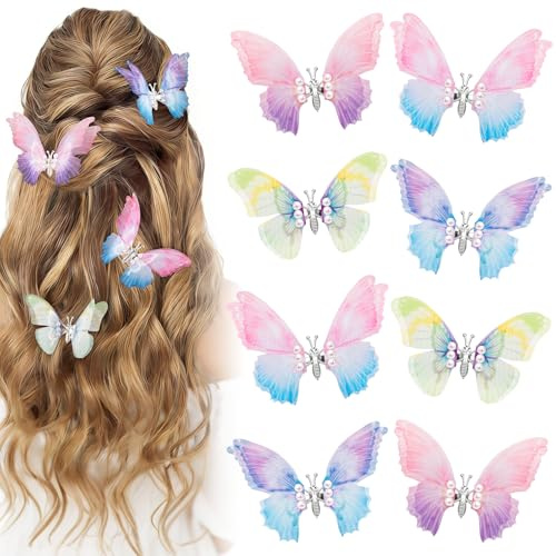 Kiiwah 8 Stück Schmetterling Haarspangen, Glitzer Schmetterling Haarklammer 3D Deko Schmetterlinge mit Clip für Mädchen Damen Kinder Braut