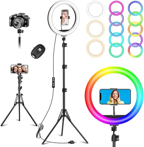 14 inch Ring Light with 56 Tall Circle Light, LED Ring Lamp for Makeup, Video Recording, Conferencing, TikTok, Twitch 3 Light Colors+10 Brightness Stand Desk for Makeup PC Zoom Meeting (14 inch)