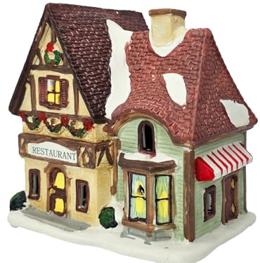Restaurant aus Porzellan – Windlicht Lichthaus Miniatur-Modell – B14 x T10 x H16 cm - detailreiche Haus Dekoration Teelichthalter Weihnachtsdorf Sammlerobjekt Dekohaus Geschenkidee