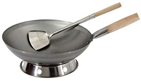 AAF Nommel ®, Wok Set, Pfanne 38 cm Ø runder Boden Carbon Stahl für Gasherd und Induktion Mulde + Wok Spahtel Edelstahl 43 cm lang mit Holzgriff + Wok Ring