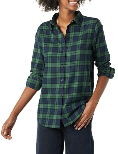 Amazon Essentials Women's Långärmad lätt rutig flanellskjorta klassisk passform, Mörkgrön Marinblå Medium rutig, XS