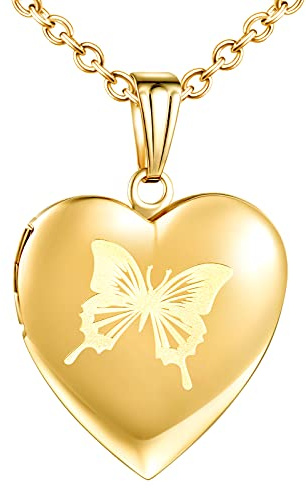 MicVivien Edelstahl Herz-Medaillon Foto Herzkette für 2 Fotos, Herz-Anhänger zum Öffnen Bild/Fotos befüllbar Amulett Halskette mit Einfach/Schmetterling/Lebensbaum Muster - Farbe Gold