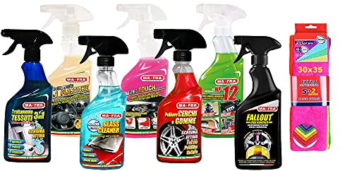 Set MAFRA trattamento tessuti 3in1, trattamento plastiche 3in1, glass cleaner, last touch, pulitore cerchi e gomme, hp 12, fallout più confezione di 7 panni in microfibra 30x35 cm