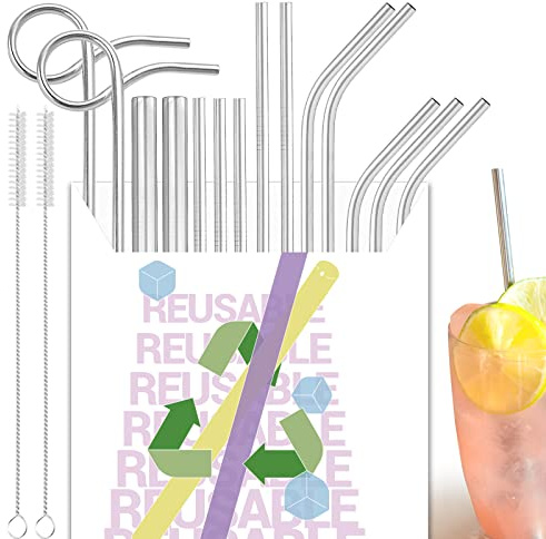 Daily Treasures14 Pcs Paja de acero inoxidable, pajitas de beber metal reutilizable con 2 cepillo de limpieza, (7 rectos + 5 doblados + 2 curvados) para tumblers de 20/30 oz para batidos, cóctel