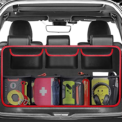 HIFROM Organizador Maletero Coche, Bolsas para Maletero del Coche de Malla para Coche, Organizador de Coche con 7 Bolsillos, Adecuado para SUV, MVP etc (Negro&Rojo)