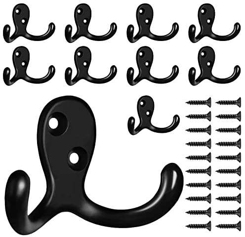 CBWLWJ 10 Pack Coat Hooks Wall Hooks for Hanging, Heavy Duty Double Prong Metal Hook Wall Mounted for Living Room, Bathroom, Kitchen, Bedroom for Coat, Bag, Scarf, Towel, Hat, Key, Cup (Black)