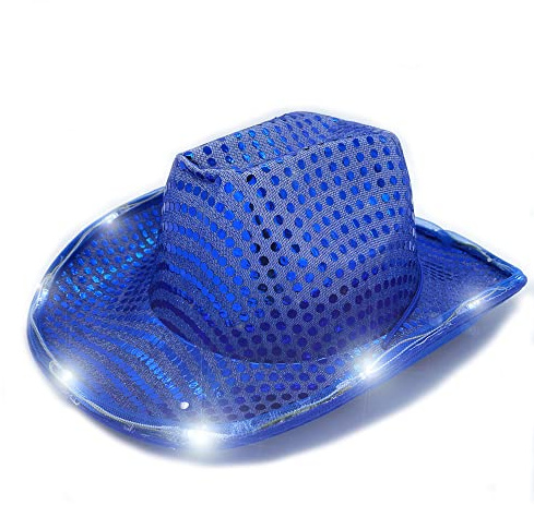 winvin Led Light-up Cowboy Hat or Sequin Western-themed Party Hat (Blue, Medium, for Halloween, Wedding, Birthday, all ages or unisex, costume hat)