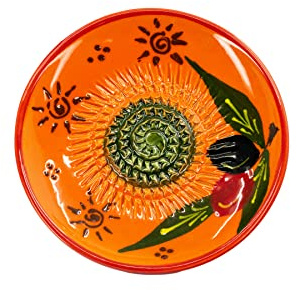 Kaladia - Keramik Reibeteller/Keramikhobel - ideal für Ingwer, Parmesan etc. - Motiv: braune Sonne und Oliven - Durchmesser: 12 cm - handgemacht & handbemalt - Made in Spain
