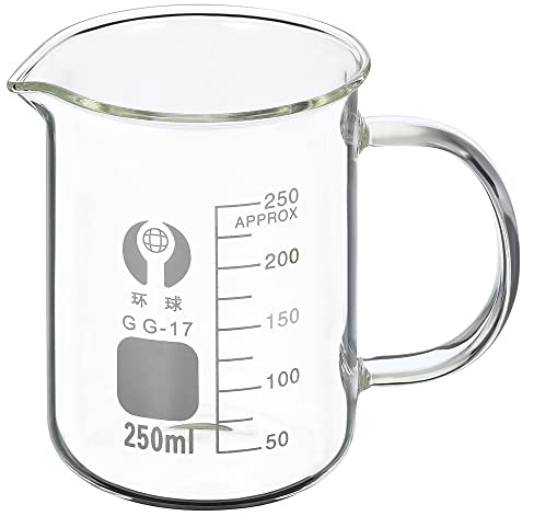 PATIKIL 250ml Glass Beaker with Handle, 3.3 Borosilicate Glass Graduated Printed Scale Measuring Cups with Spout for Kitchen Lab Liquids Transit Boiling