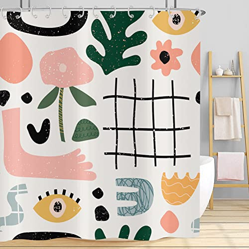 Hnmdmyi Duschvorhang Boho 180x200, Abstrakte Mid Century Duschvorhänge Bunte Moderne Geometrische Ästhetische Kunst Badewanne Vorhang Wasserdicht Polyester Stoff Waschbar Badevorhang mit Haken
