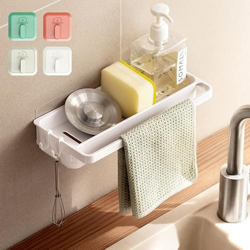 Asonen Weißer Schwammhalter, Aufhängen ohne Bohren, Wand Caddy Küchenorganizer Rack mit Abtropfschale zur Aufbewahrung und 4 Haken