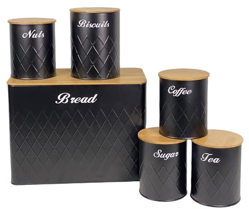 SG Traders 6pc Kitchen Storage Set with Airtight Bamboo Lids Includes Tea Coffee Sugar Nuts with Matching Biscuit Barrel Canister Jar & Stylish Bread Bin – Diamond Embossed Design Matt Finish (Black)
